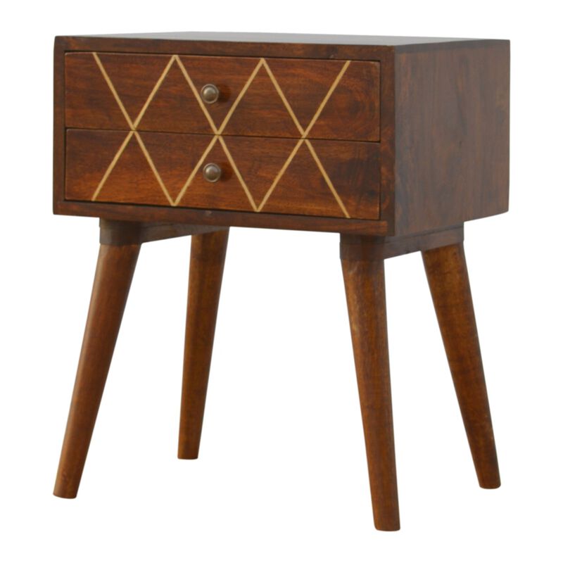 Solid Wood Geometric Brass Inlay 2 Drawer Nightstand