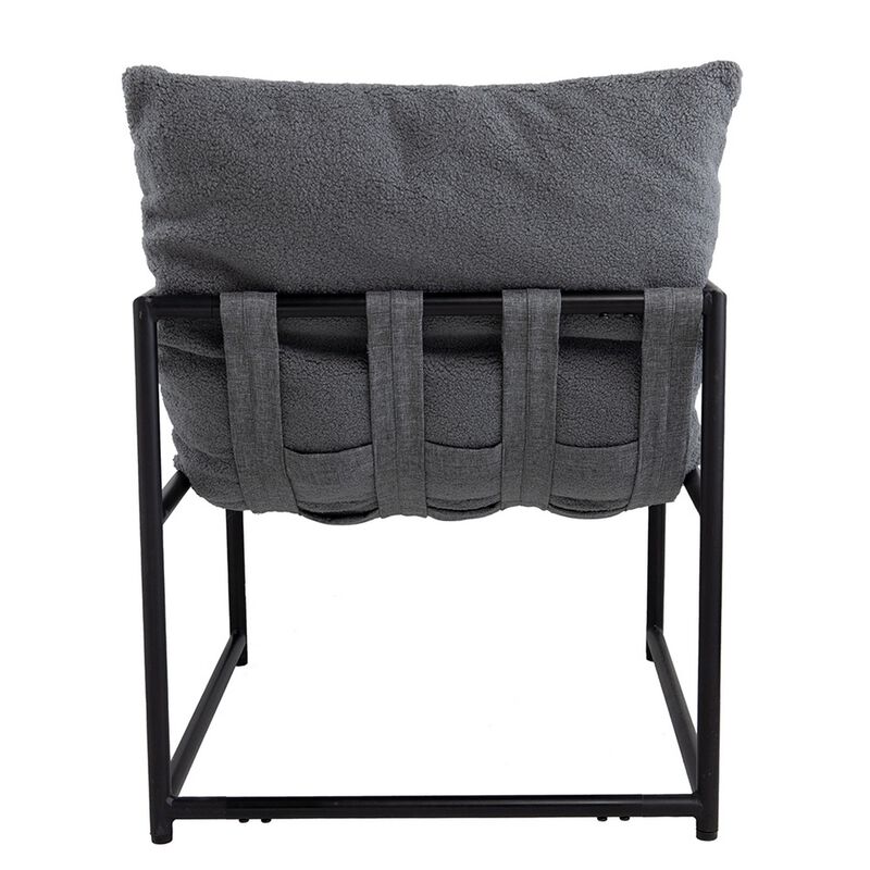 26 Inch Accent Chair with Cushion, Black Iron, Light Gray Faux Leather - Benzara