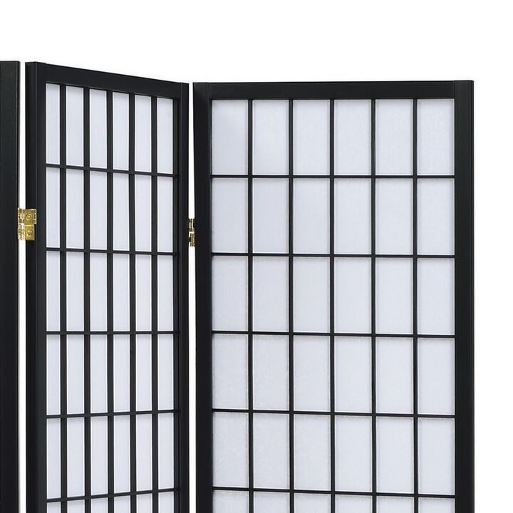 3 Panel Screen with Grid Design Wooden Frame, Black-Benzara