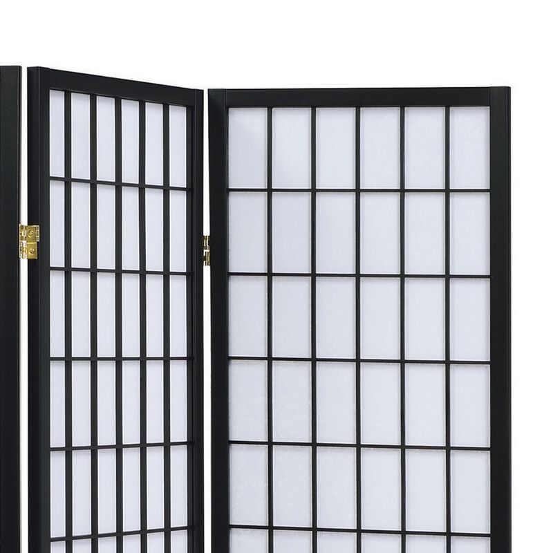 3 Panel Screen with Grid Design Wooden Frame, Black-Benzara