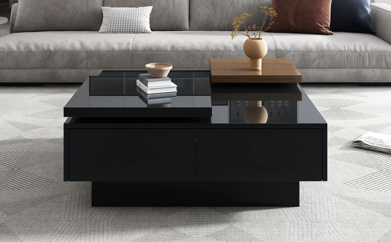 Movable Top Coffee Table with High-Gloss Finish and 4 Hidden Drawers Modern Living Room Storage Table