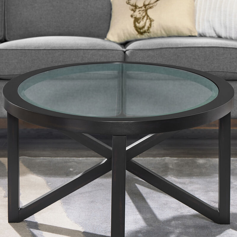 Modern Round Glass Coffee Table with Solid Wood Base for Living Room