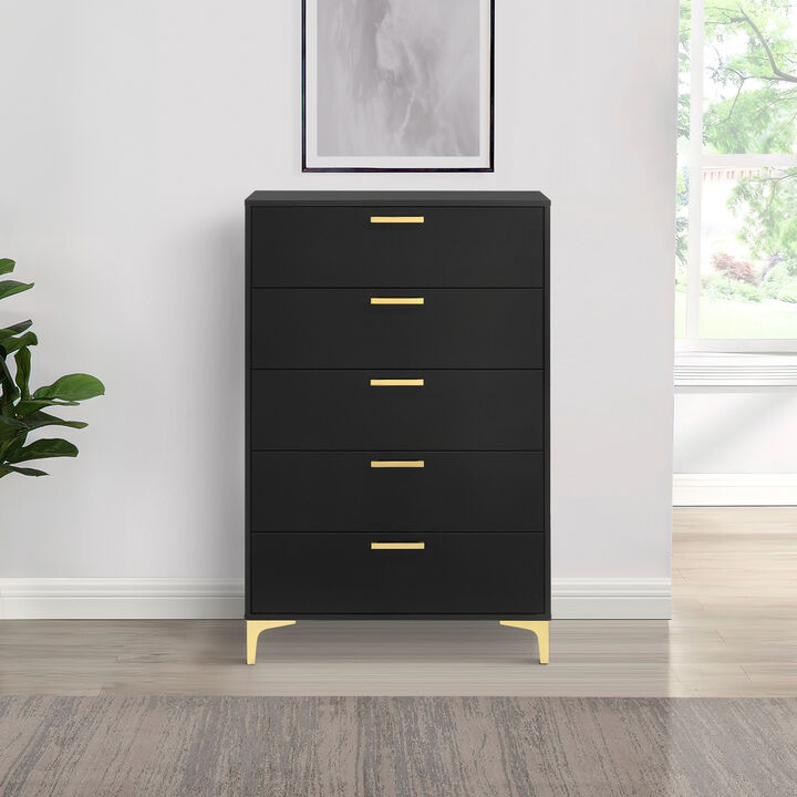 Lif 50 Inch Modern 5 Drawer Tall Dresser Chest, Gold Accents, Smooth Black-Benzara