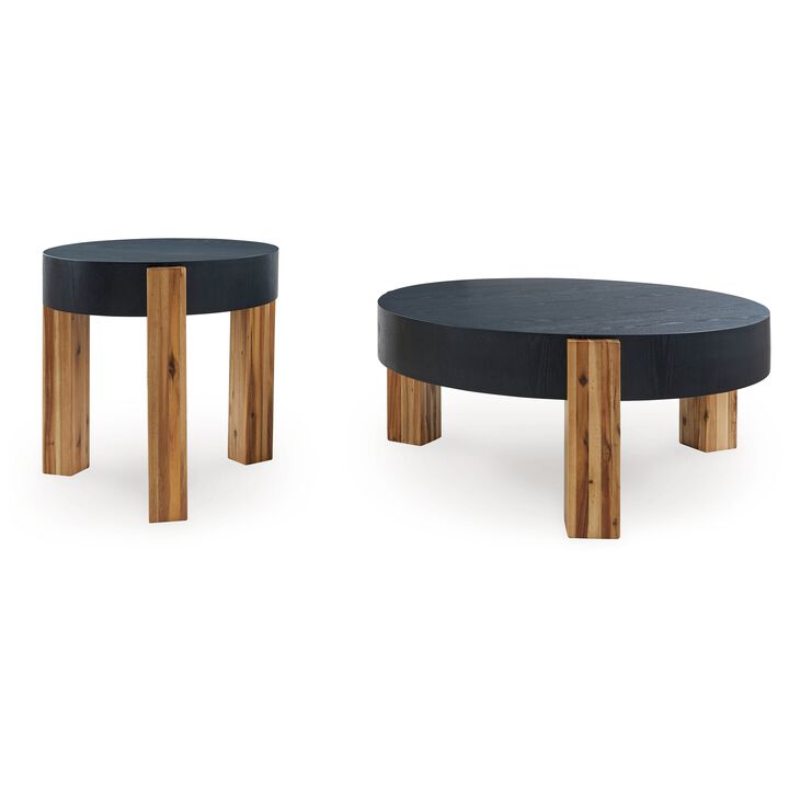 Moy 2pc Coffee and End Table Set, Round Black Textured Top, Solid Wood - Benzara