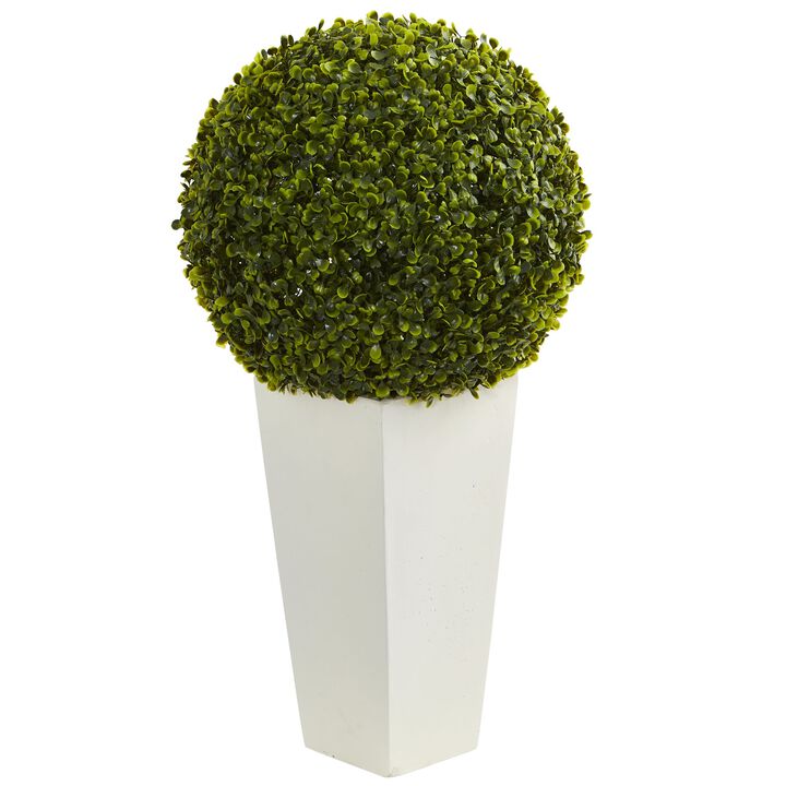 Hivvago 28" Boxwood Topiary Ball Artificial Plant in White Tower Planter (Indoor/Outdoor)