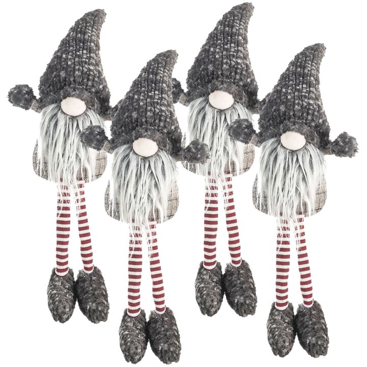 Fabric Christmas Gnomes Table Decor, 4-Piece Set with Plaid and Knit Hats, Festive Ornaments, Gray