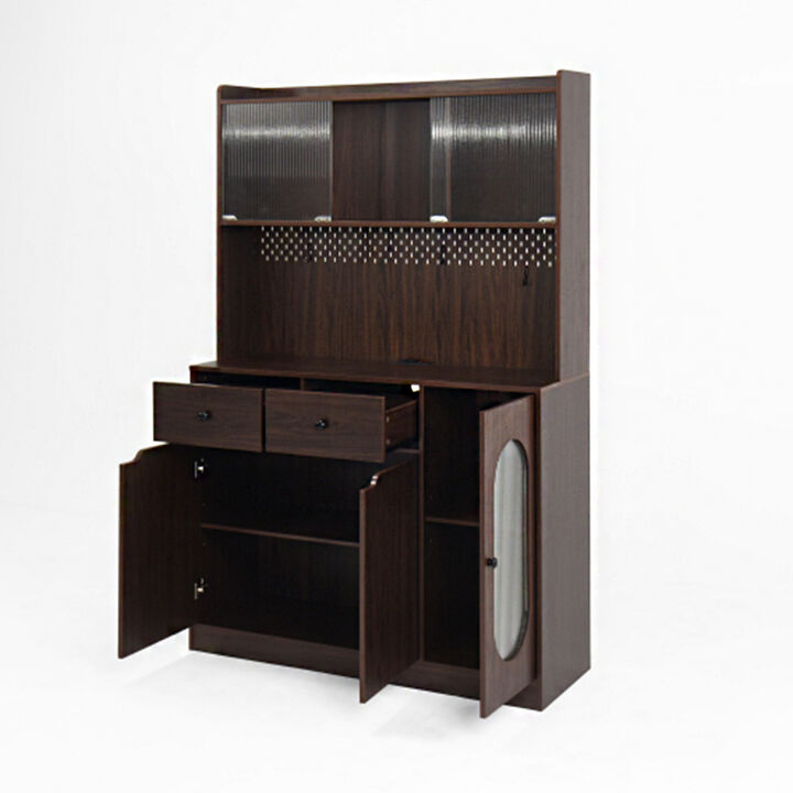 71"Tall Kitchen Pantry Storage Cabinet, Large Capacity Display Cabinet with Reeded Glass Doors and Microwave Stand, Bakers Racks with Storage for Kitchens, Pantry, Living Room