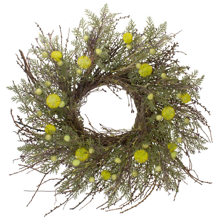 Burrs and Craspedia Artificial Twig Wreath  Yellow and Green - 20-Inch