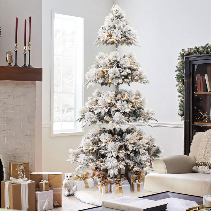 LuxenHome 7.5Ft Pre-Lit Flocked Slender Artificial Pine Christmas Tree