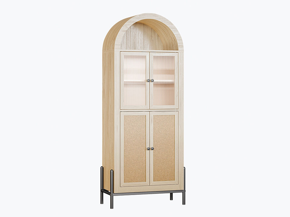 BELLEZE 65 Inch Storage Cabinet, Freestanding Arched Bookshelf for Living Room, Curio Cabinet with Reeded Glass Door, Storage and Organizer Cabinet with Adjustable Shelves for Kitchen - White Lotus