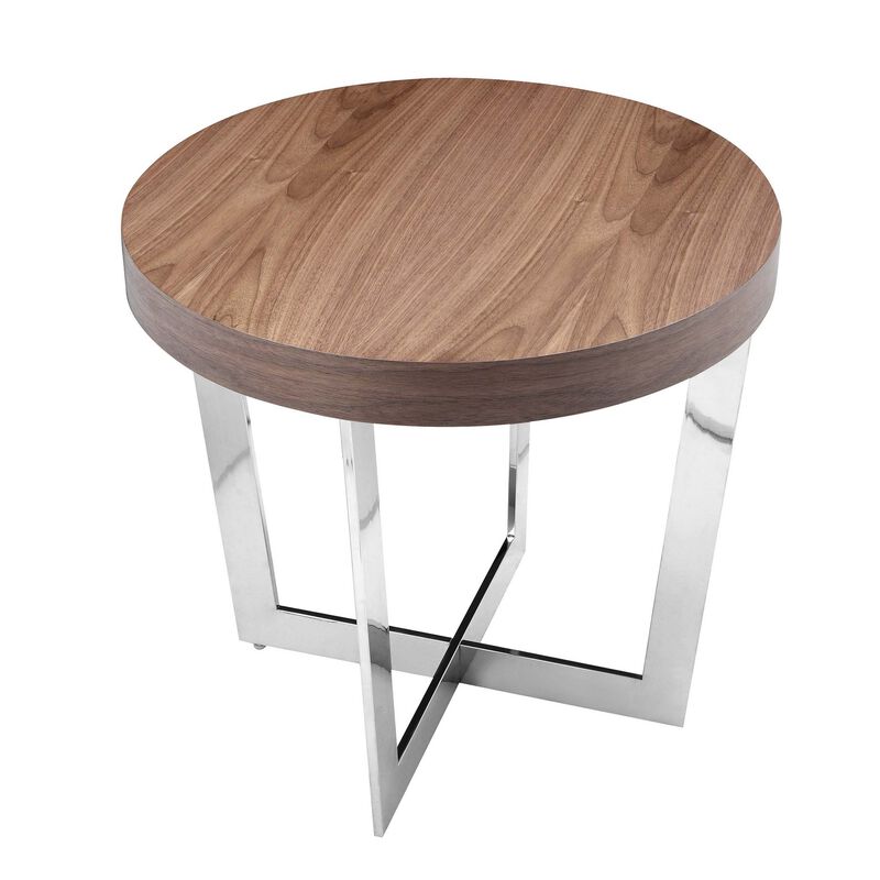 Tini 24 Inch Side End Table, Round Shaped Top, Metal Frame, Walnut Brown - Benzara