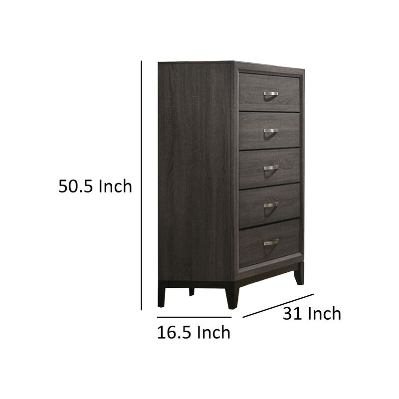 Erica Tall Dresser Chest, 5 Drawers, Gray Wood Finish, Metal Handles