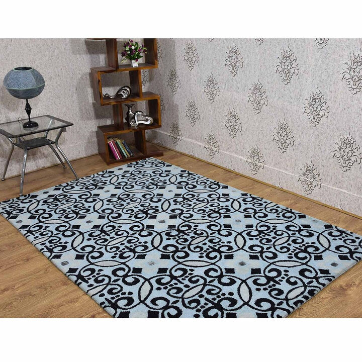 RUGSOTIC CARPETS HAND TUFTED WOOL ECO-FRIENDLY AREA RUGS  - 5'x7'6'', Rectangle Shape, Beige & Black, Contemporary Modern Design, High Pile Handmade Area Rugs for Living Room, Bed Room (K03083)