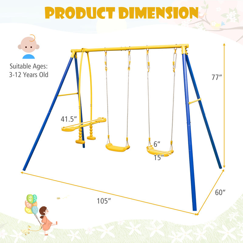 Metal Swing Set for Backyard with 2 Swing Seats and 2 Glider Seats