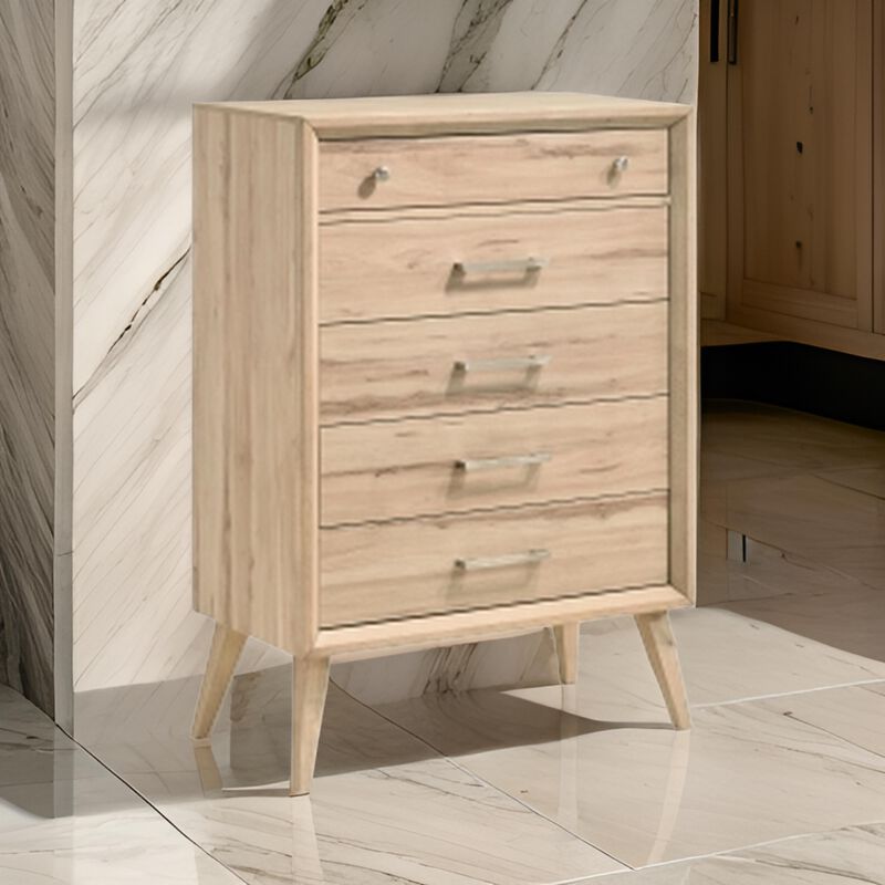 Kali 49 Inch Tall Dresser Chest, 5 Drawers, Nickel Handles, Oak Brown Wood - Benzara