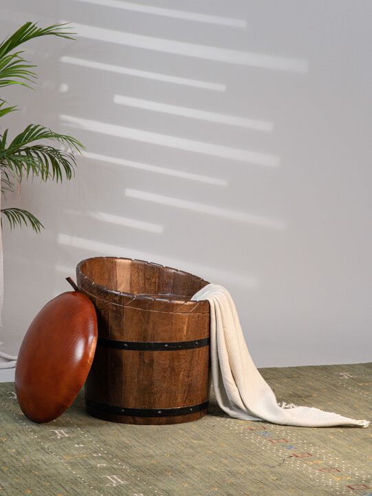 Handmade Eco-Friendly Geometric Buffalo Leather & Wood Brown Round Ottomon 18"x18"x18" From BBH Homes