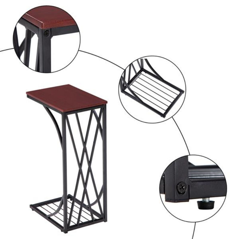 C-Type Coffee Table with Cross Line Brown Desktop, Modern Sofa Table for Living Room