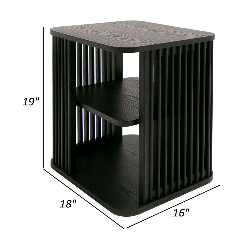 19 Inch Side End Table, 3 Shelves, Modern Vertical Slats, Black Ash Wood - Benzara