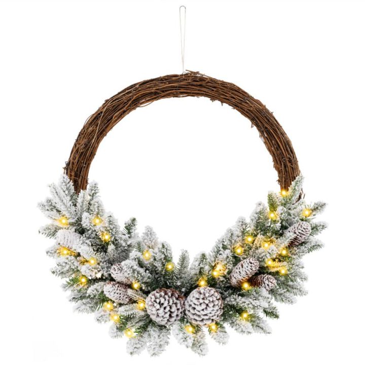 Hivvago Pre-lit Snow Flocked Artificial Christmas Wreath with 8 Pine Cones and 35 LED Lights