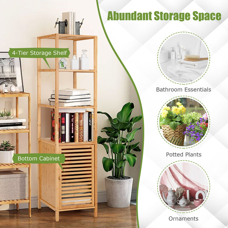 Costway 4 Tiers Bamboo Bathroom Storage Floor Cabinet Tower Corner Rack w/ Louvered Door