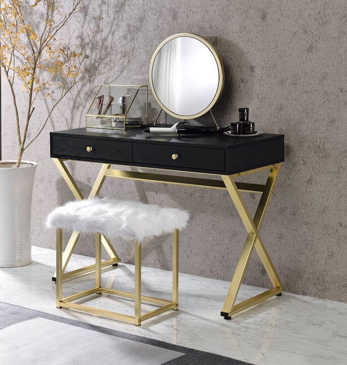 ACME Adao Vanity Mirror & Stool, Faux Fur, Mirror, Black & Brass Finish