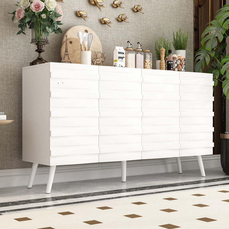 FUFU&GAGA Modern Storage Cabinet with White Embossed Design and Solid Wood Legs, Stylish Organizer for Living Room or Bedroom (55.1"W x 31.4"H x 15.7"D),White