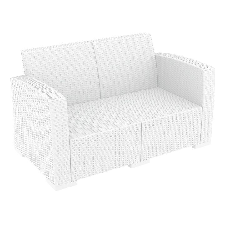 55" White Outdoor Patio Loveseat with Natural Beige Sunbrella Cushion