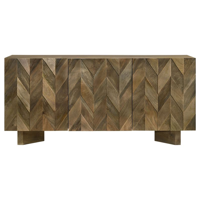 64 Inch Dining Sideboard Server, 2 Cabinets, Chevron Pattern, Mango Brown - Benzara