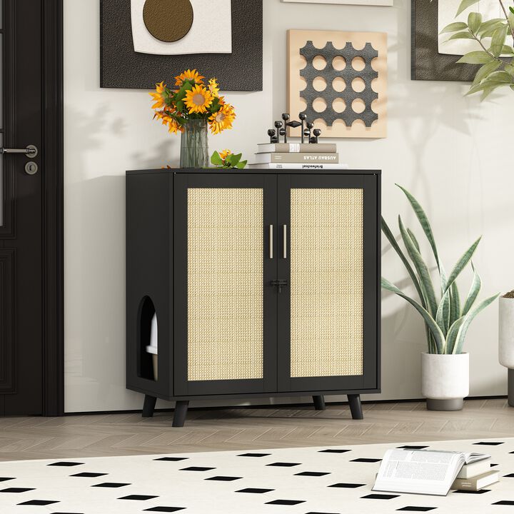 Modern Cat Litter Box Enclosure for Rooms, Black Hidden Litter Box Furniture Cat Washroom Storage with Lock Sisal Door