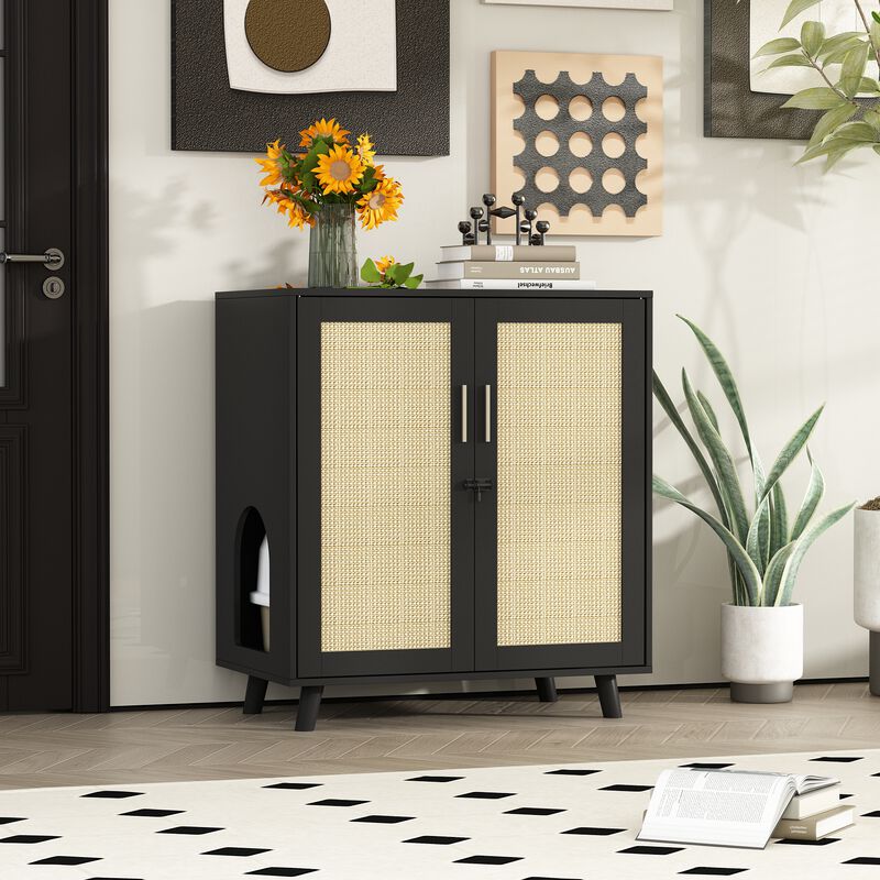 Modern Cat Litter Box Enclosure for Rooms, Black Hidden Litter Box Furniture Cat Washroom Storage with Lock Sisal Door