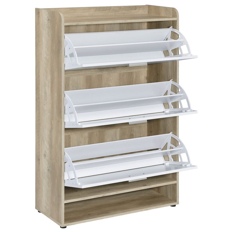 Danny Shoe Storage Cabinet, 3 Tiered, Bottom Shelf, Antiqued White Pine - Benzara