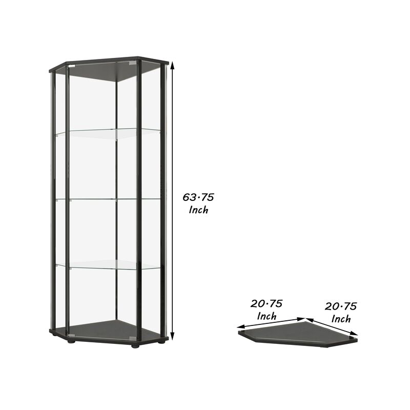 Metal Curio Cabinet with 1 Door and 3 Glass Shelves, Black-Benzara
