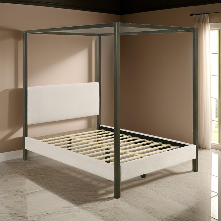 Rey King Size Canopy Bed, Padded Headboard, 4 Post Frame, Ivory Upholstery - Benzara