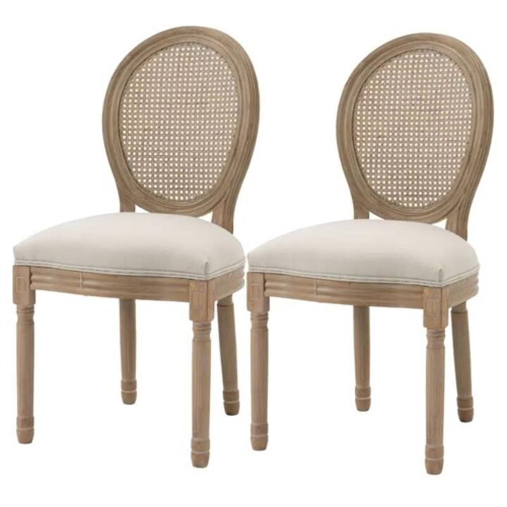 Hivvago Set of 2 Vintage Upholstered Armless Rattan Back Dining Chairs Beige White