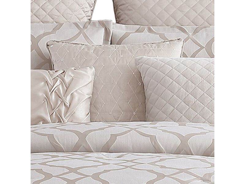 9pc Queen Size Comforter Set with Quatrefoil Prints, White Polyester - Benzara