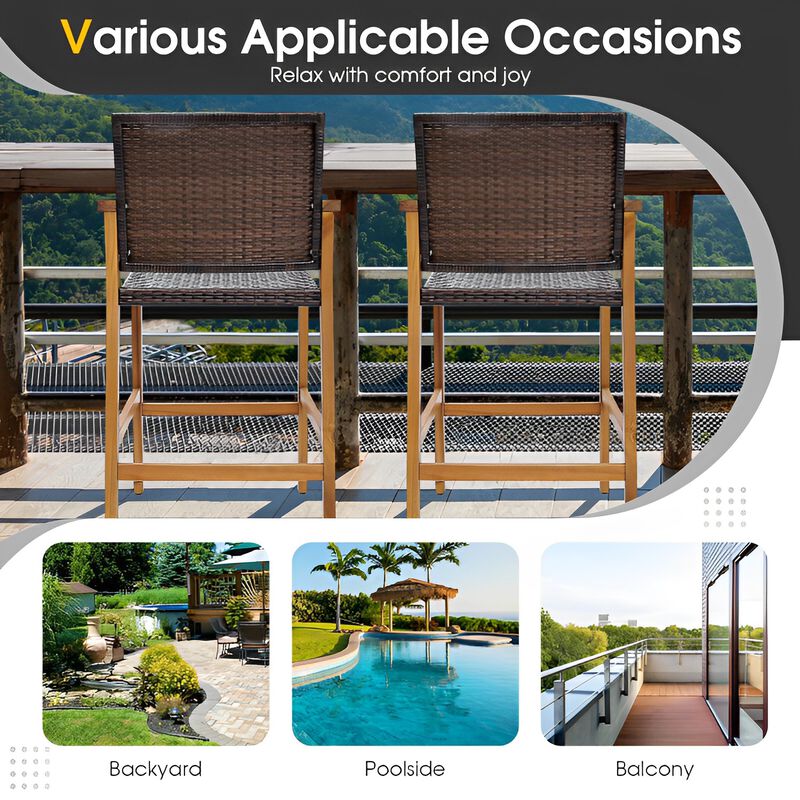 Set of 2 PE Wicker Patio Bar Chairs with Acacia Wood Armrests