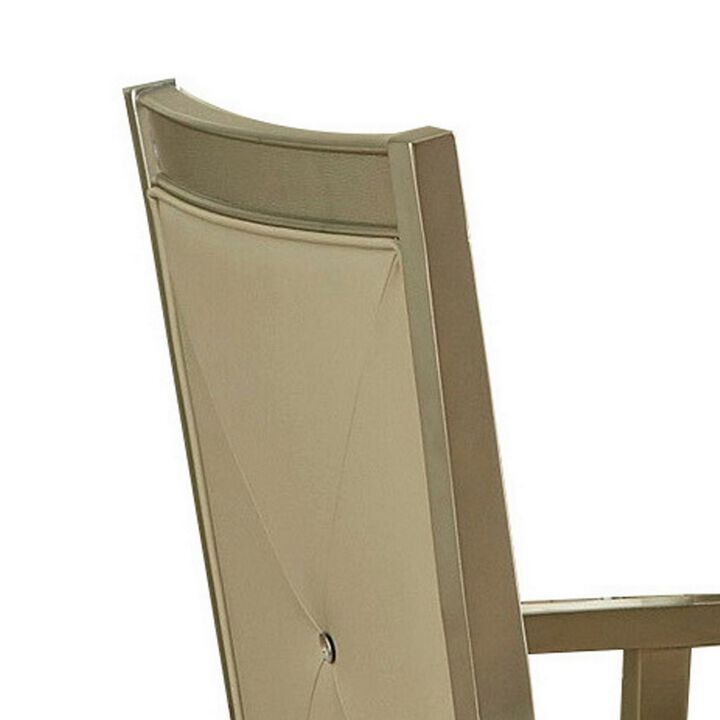 Wooden Arm Chair with Crystal Tufted Leatherette Backrest, Silver-Benzara