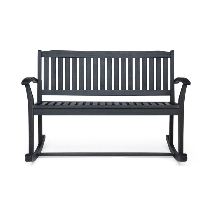 Outdoor Rocking Loveseat Bench, 50 Inch Gray Acacia Wood - Benzara