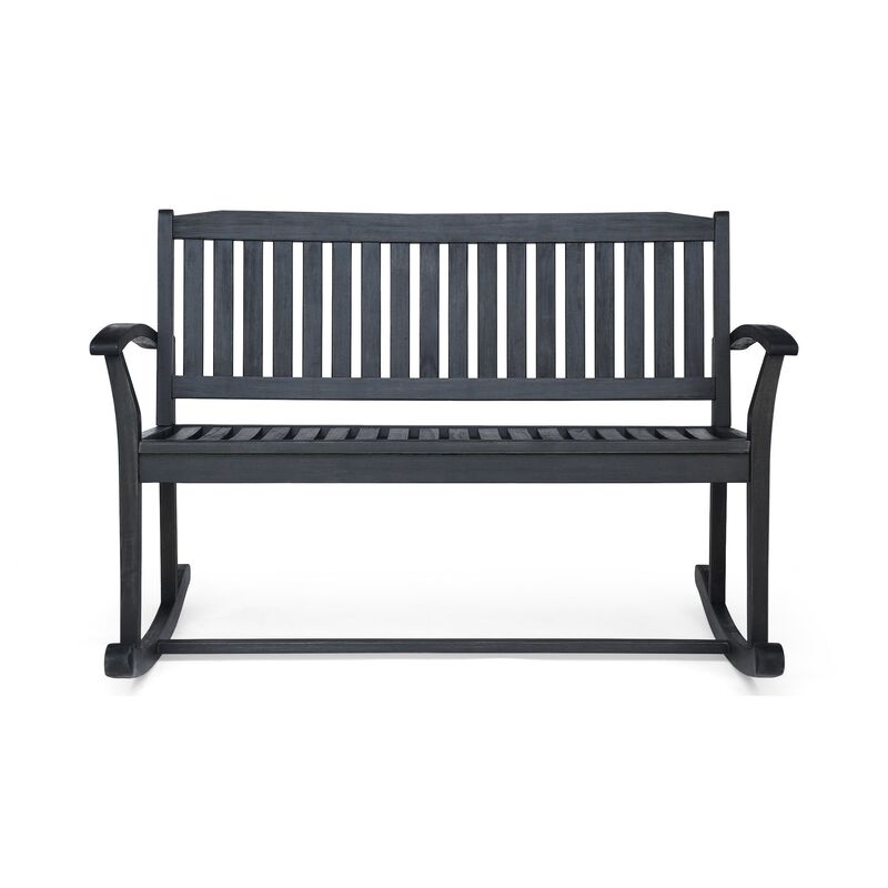 Outdoor Rocking Loveseat Bench, 50 Inch Gray Acacia Wood - Benzara