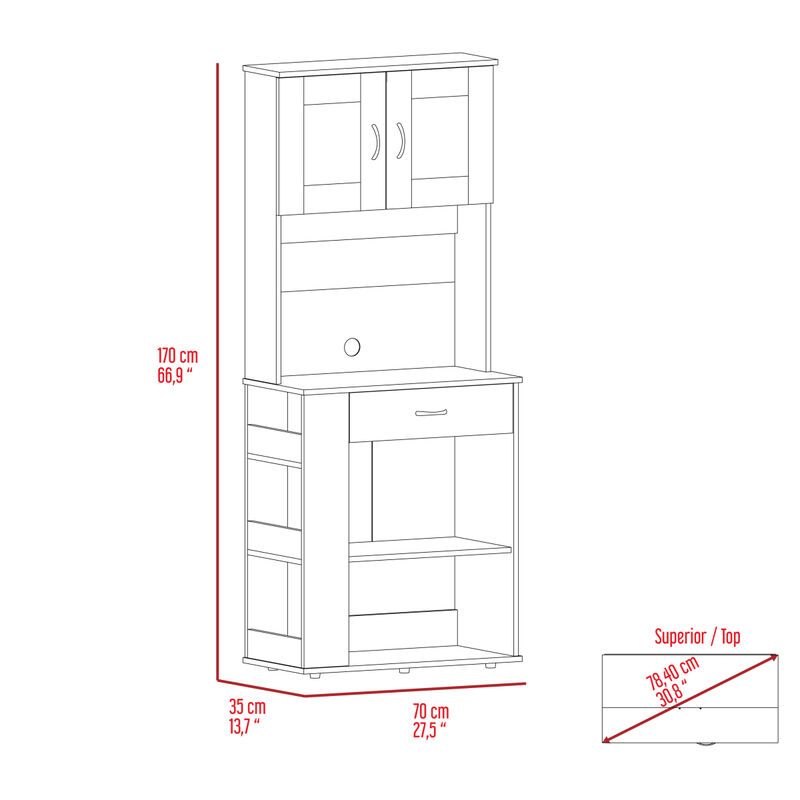 Capienza Pantry Cabinet, Two Shelves, Double Door, One Drawer, Three Side Shelves - White