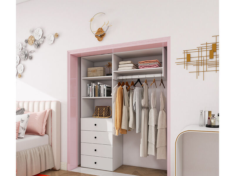 Wood Closet System with 4 Drawers Modular  Storage Cabinet, Hanging Rod and 4 Shelves Clothes Garment Rack Wall Mount or Built-in Organizer for Bedroom 