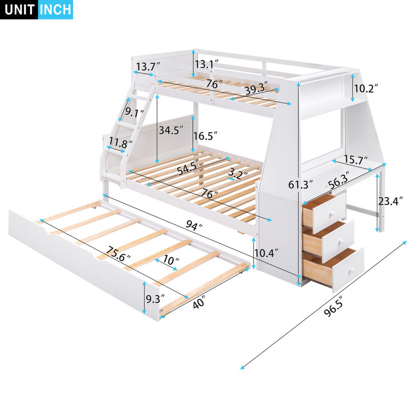 Twin Over Full Bunk Bed With Trundle And Built-In Desk, Three Storage Drawers And Shelf