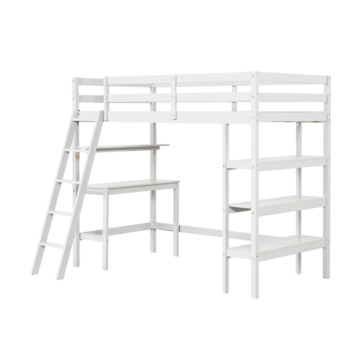 Twin Size Loft Bed with Desk and Bookshelves for Kids and Teens