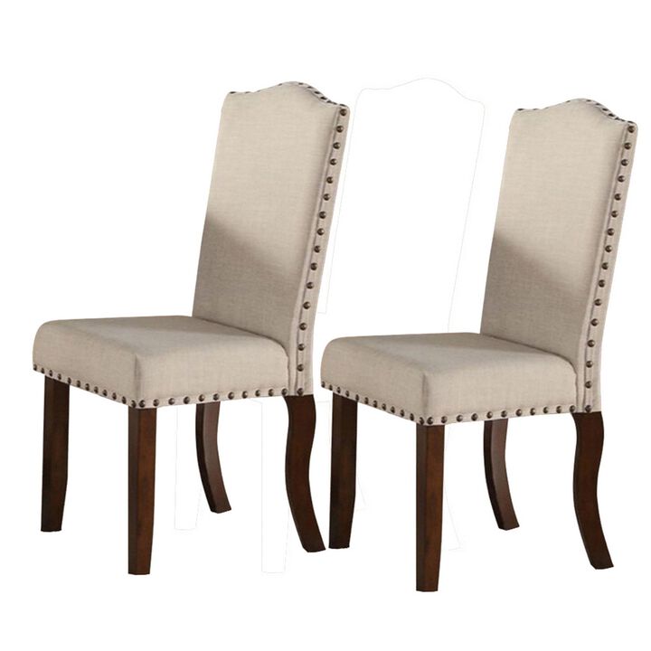 Rubber Wood Dining Chair With Nail Head Trim, Set Of 2, Brown And Cream-Benzara