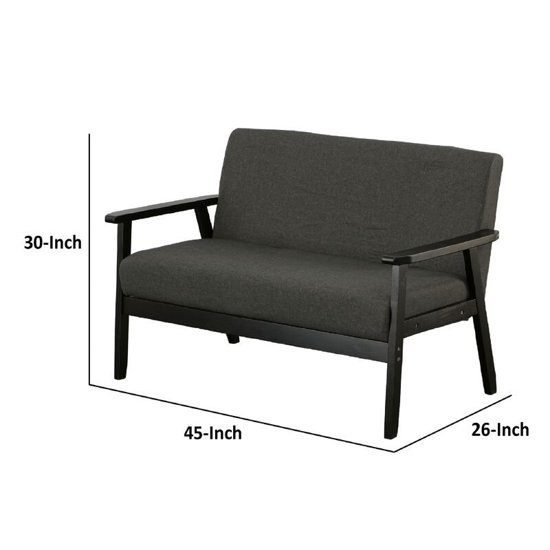 Gala 45 Inch Modern Loveseat Bench, Dark Gray Fabric, Jet Black Wood Frame-Benzara