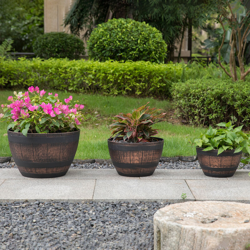 Brown Outdoor Rustic Half Barrel Flower Garden Planter Bowl, Plastic, Small