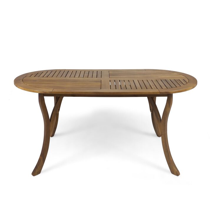 Outdoor Dining Table, 70 Inch Slat Style Oval Top, Teak Acacia Wood - Benzara