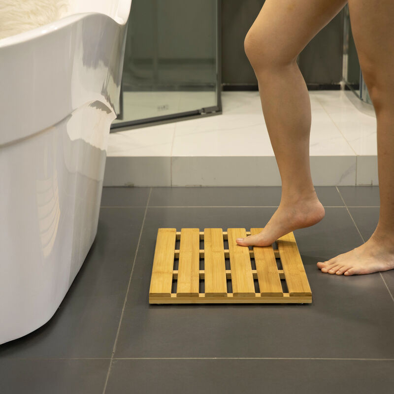 Basicwise 21.25-inch Luxury Non-Slip Waterproof Durable Bamboo Bath Mat - Multi-Purpose Home Essentials for Indoor and Outdoor Use - Perfect for Showers, Bathtubs, Spas, Saunas, Bathrooms, and Pools
