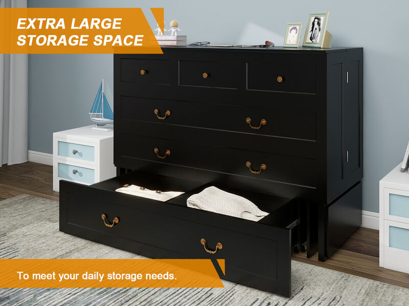 Queen Murphy Bed, Murphy Bed with Drawer Includes Storage Cabinet,USB and Charging Port, Murphy Bed Queen Suit for Guest Room, Black Cabinet Bed Guest Bed