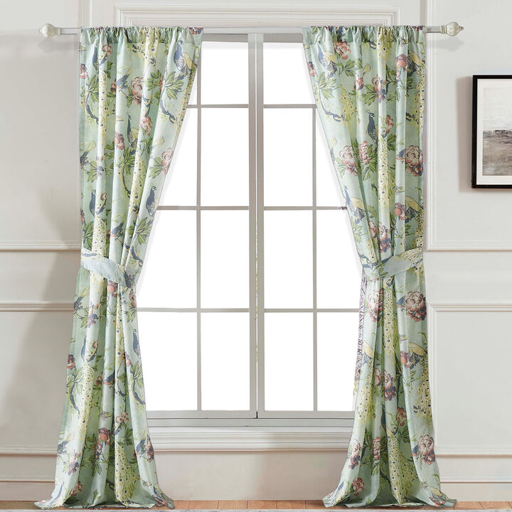 Eden 84 Inch WIndow Curtains, Butterflies and Songbirds, Green Microfiber - Benzara